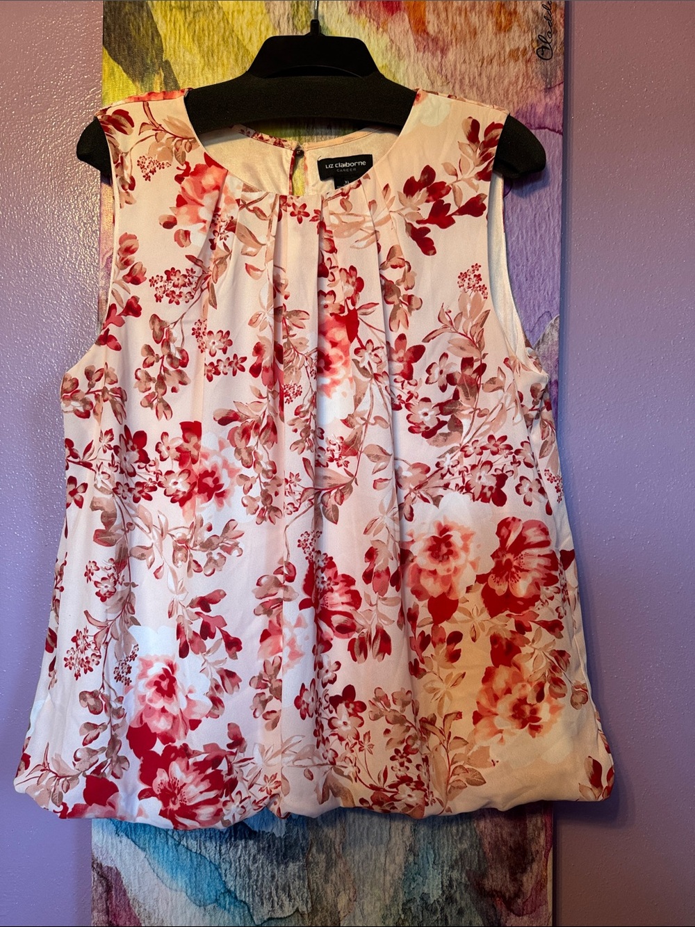 Liz Claiborne White and Pink Floral Pleated Sleeveless Top xl